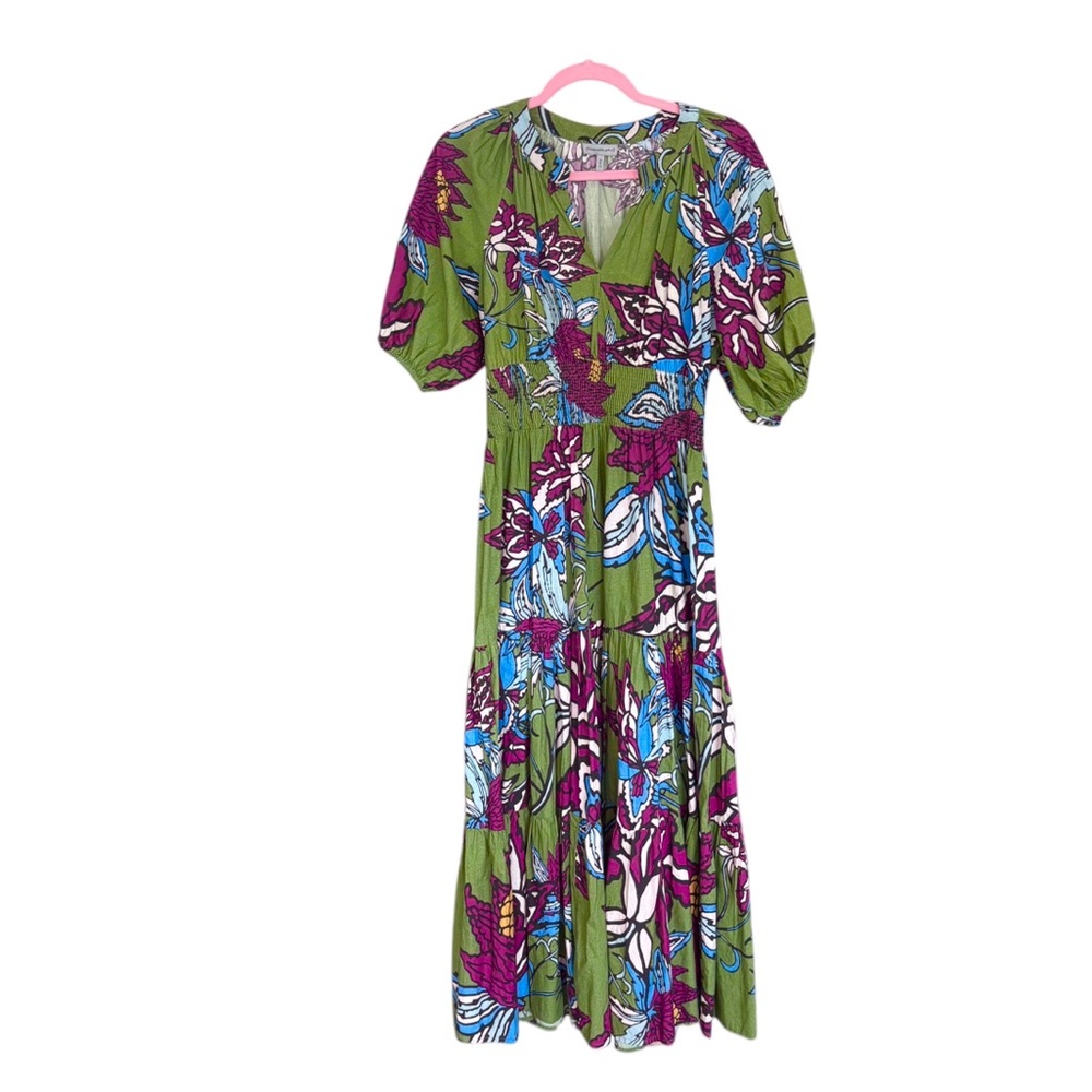 Green Floral Midi Dress with Puff Sleeves - Picture 2 of 16